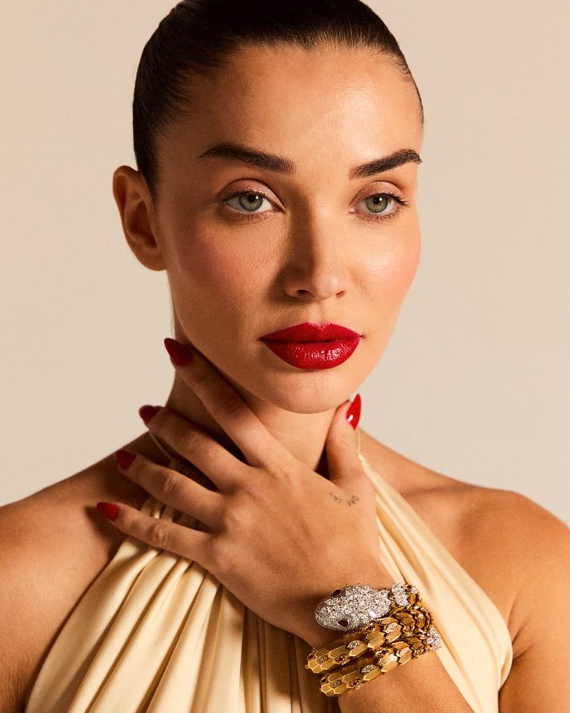 actress amy jack wearing bulgari serpenti bracelet