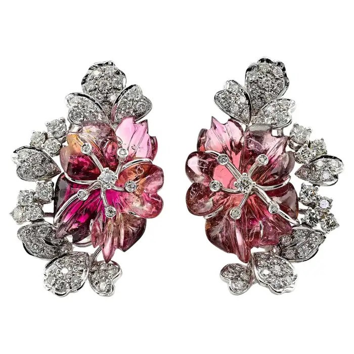 carved tourmaline and diamonds floral earrings