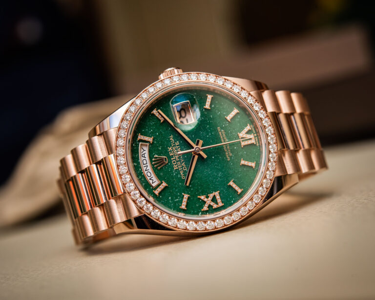 rolex day date watch with green aventurine semi precious stone dial
