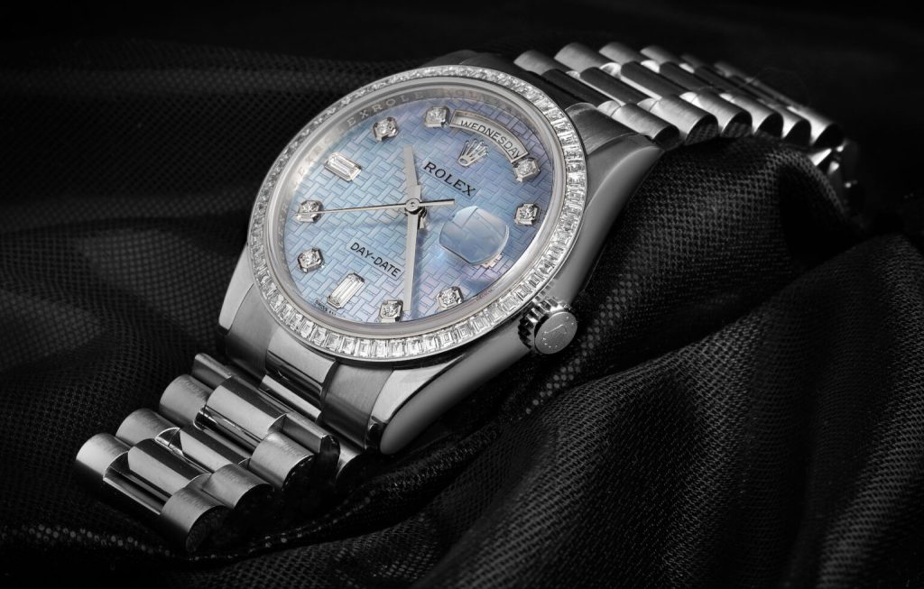 rolex day date with blue mother of pearl dial