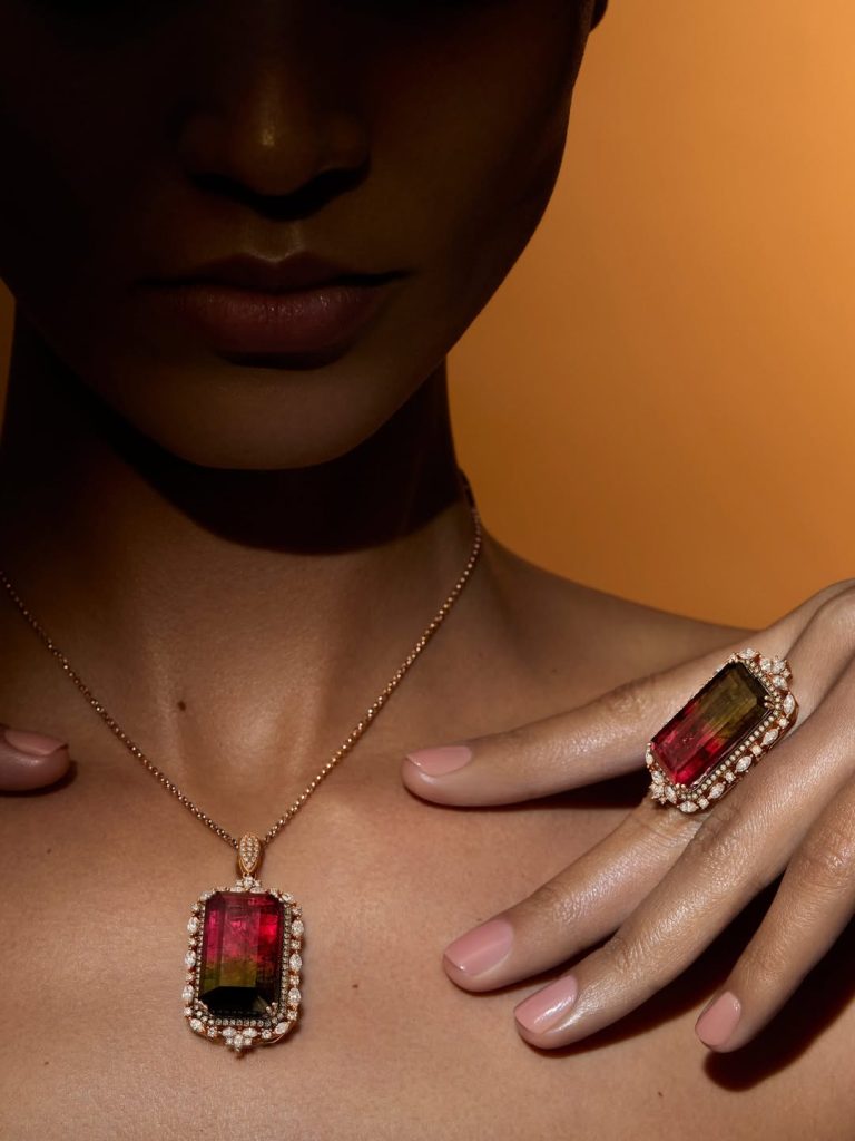 woman wearing watermelon tourmaline jewelry necklace and ring