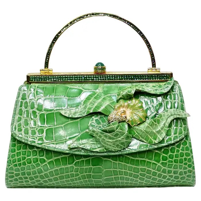 Green Alligator Top Handle Evening Bag