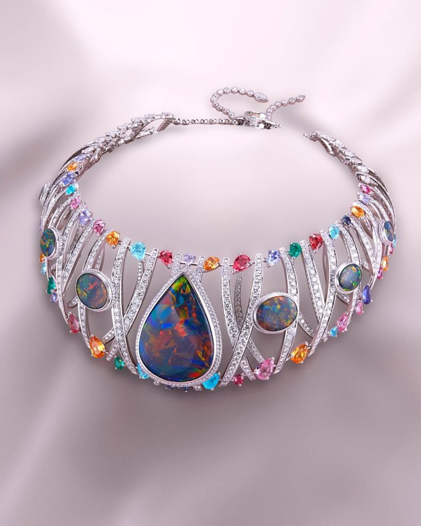 david morris ribbon necklace with black opal and colored gemstones 