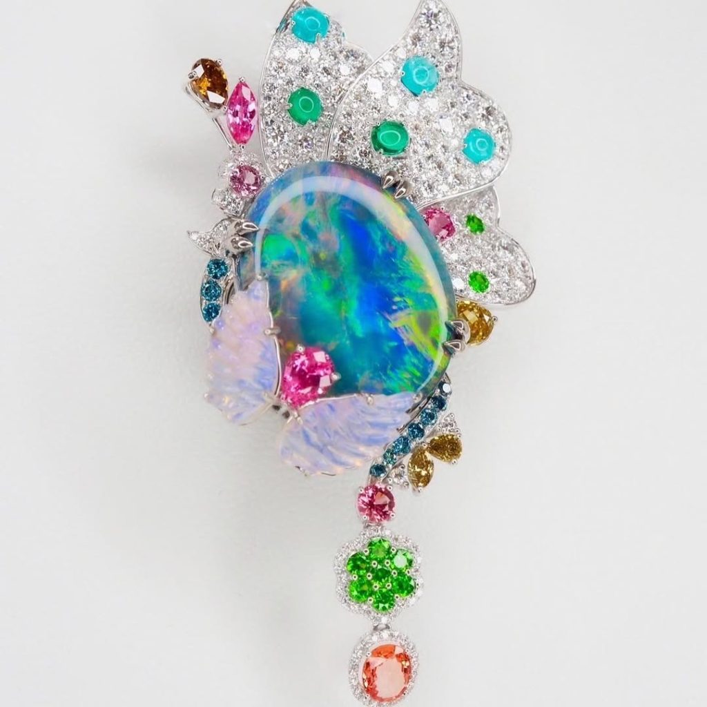black opal and colored gemstone brooch 