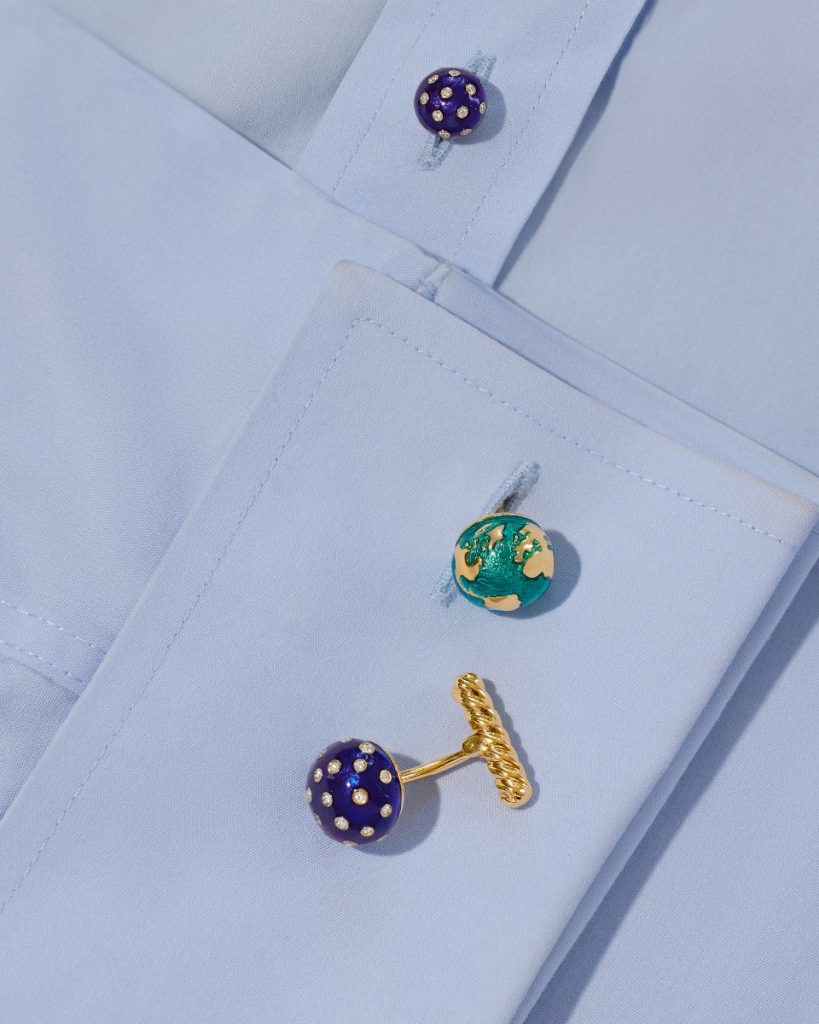 verdura night and day cufflinks for men on blue shirt