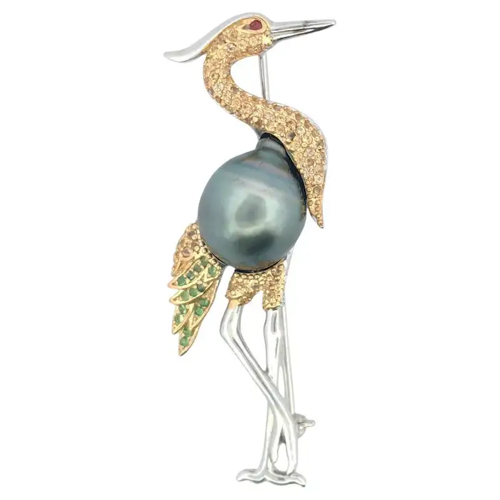 tahitian pearl and diamond bird brooch