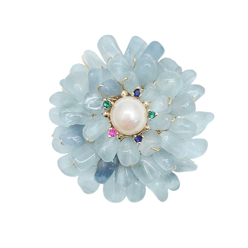 pearl and colored gemstones floral brooch