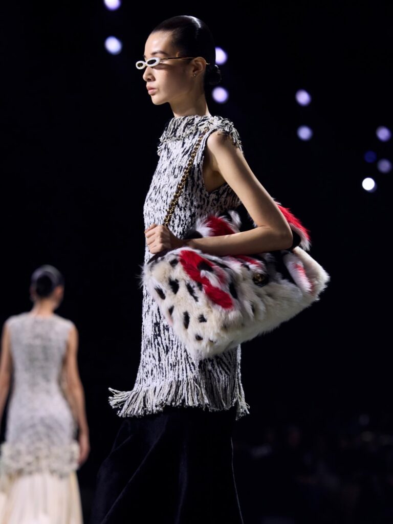 white black and red fur bag chanel