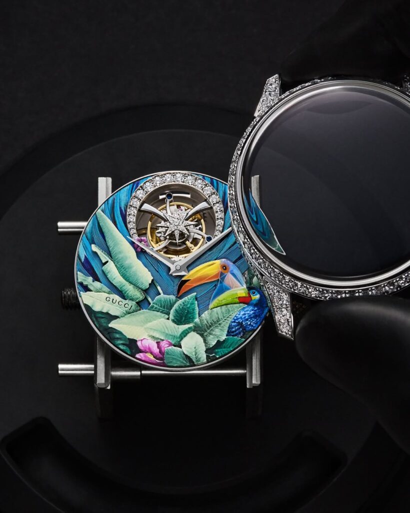 the dial of the 2026 g-timeless métiers d’art toucans 