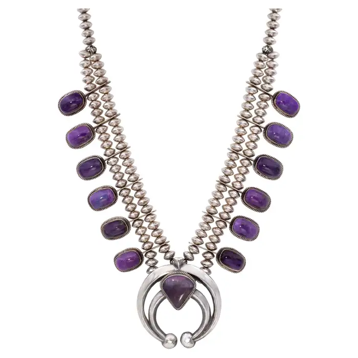 sugilite and silver squash blossom necklace
