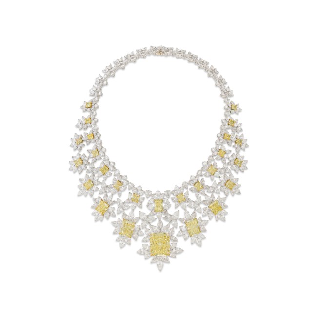 yellow diamond and colorless diamond bib necklace