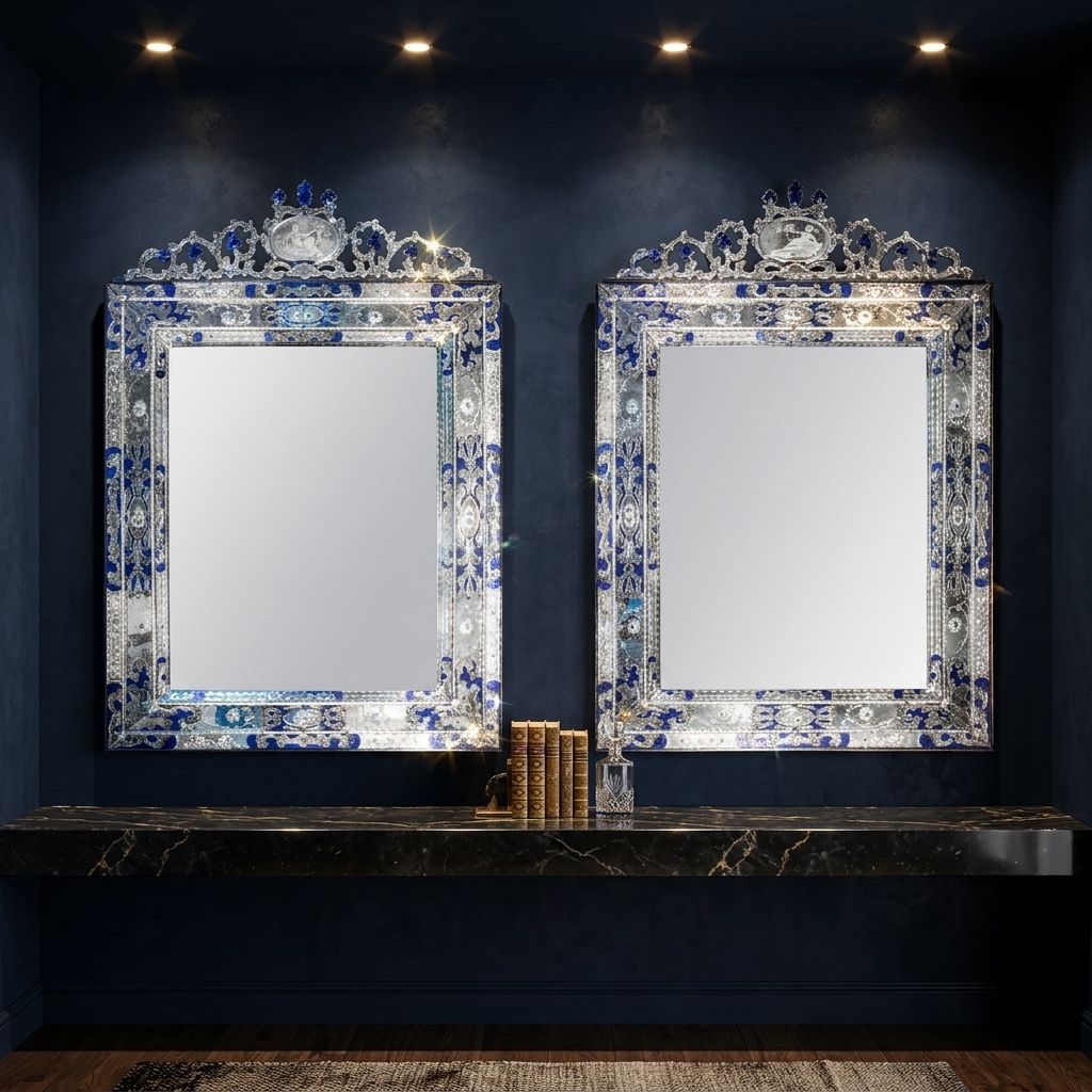 a pair of blue venitian mirros