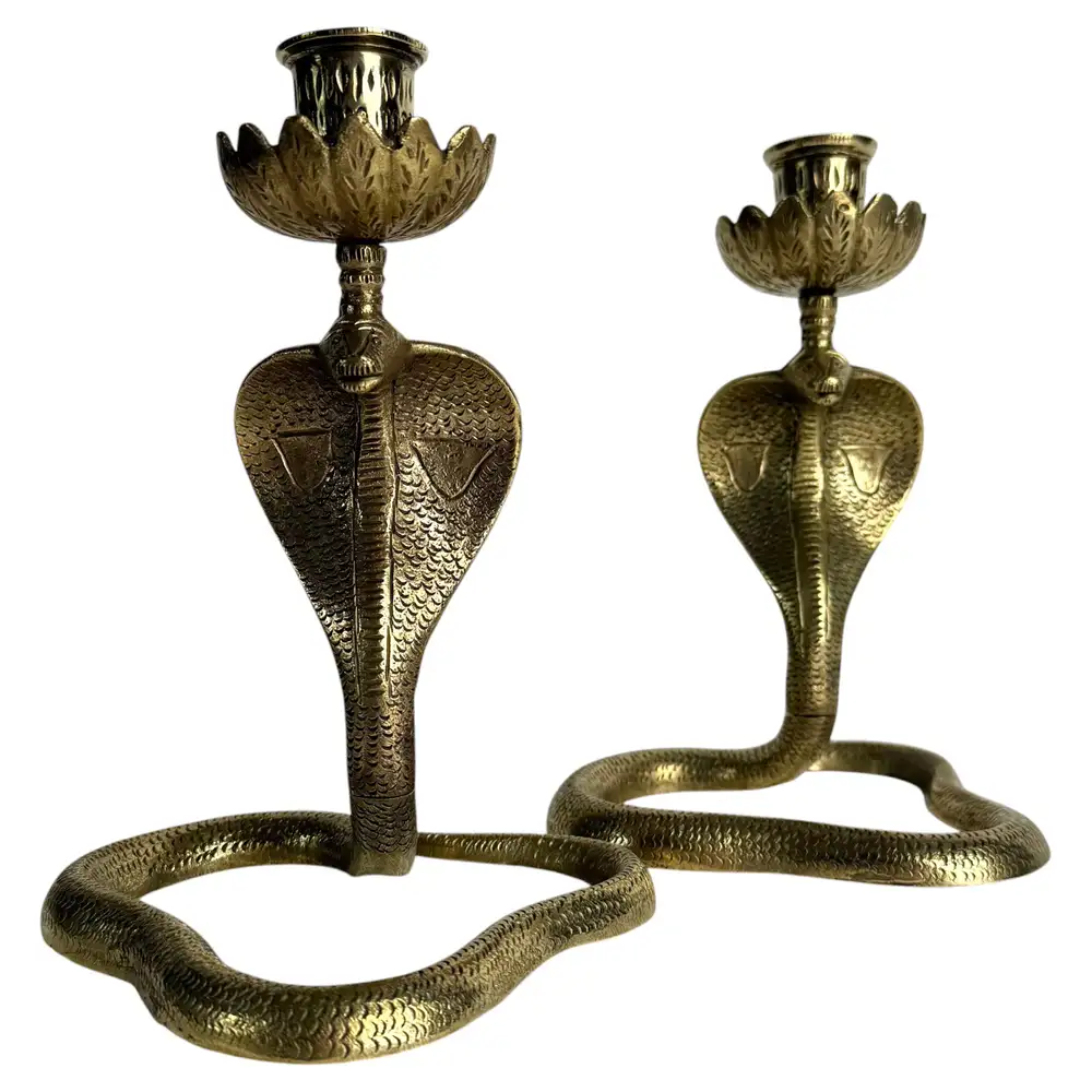 Pair of Indian Art Deco Brass Cobra Candlesticks