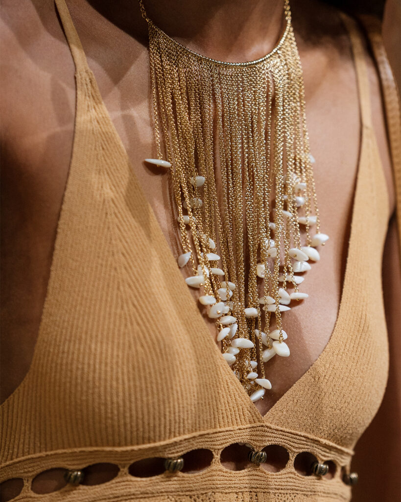 model wearing etro fringe necklace