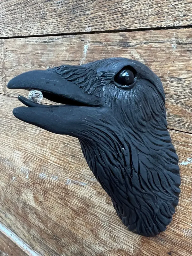 Ceramic Wall Sculpture of Crow #12 with Crystal in Beak halloween home decor
