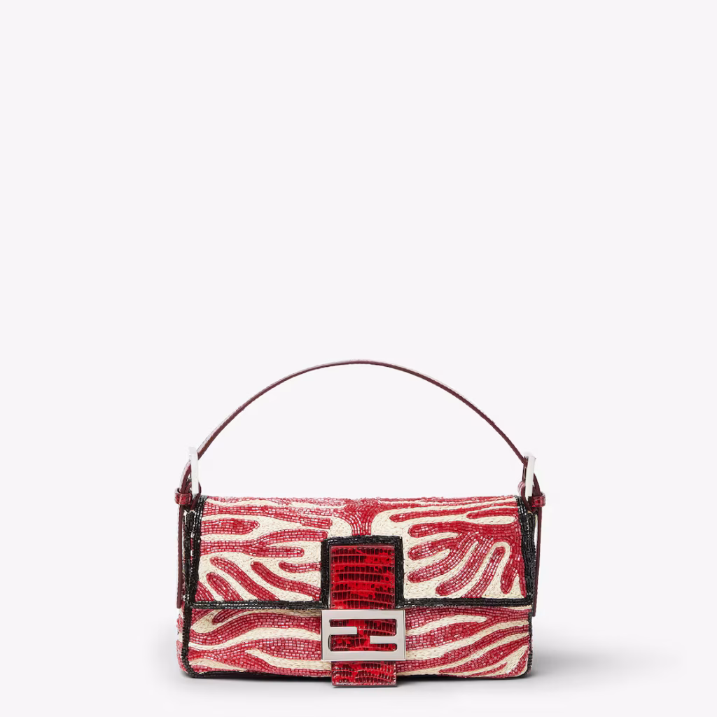 white and red fendi baguette handbag