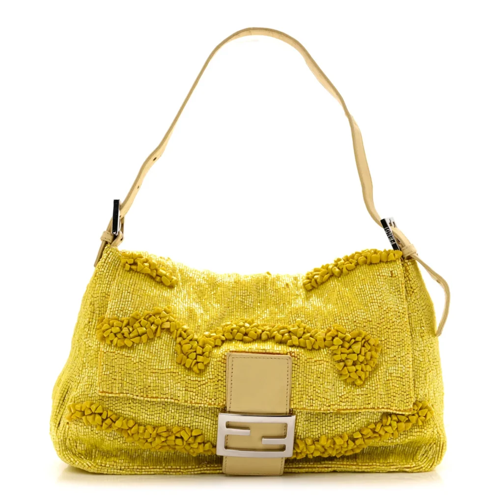 yellow stone beaded fendi baguette bag